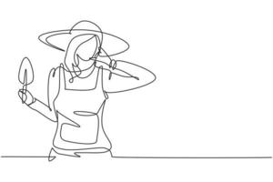 agricoltore femminile con disegno a una linea singola con gesto di chiamata che indossa un cappello di paglia e porta una mini pala per lavorare nella fattoria. affari di successo. illustrazione vettoriale grafica di disegno di disegno di linea continua