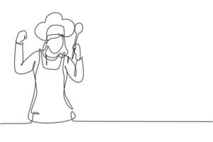 la chef donna con un disegno a una linea con gesto celebrativo, tenendo il cucchiaio e indossando il grembiule è pronta a cucinare i pasti per gli ospiti del ristorante. illustrazione vettoriale grafica di disegno di disegno di linea continua moderna
