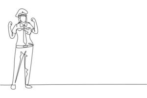 il pilota femminile con un disegno a una linea si trova in piedi con un gesto celebrativo e l'uniforme completa serve i passeggeri dell'aereo che volano verso la destinazione. illustrazione vettoriale grafica di disegno di disegno di linea continua moderna