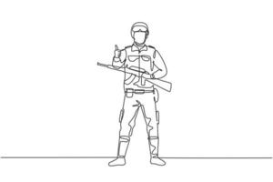 i soldati che disegnano una linea continua stanno in piedi con armi, uniformi complete e gesti di pollice in su servendo il paese con la forza delle forze militari. illustrazione grafica vettoriale di disegno di disegno a linea singola