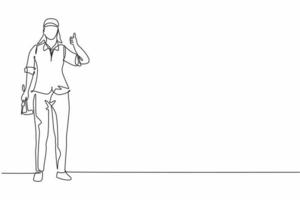 disegno continuo di una linea donna carpentiere in piedi con un gesto di pollice in su lavora per l'industria del legno e deve essere abile nell'uso di strumenti di falegnameria. illustrazione grafica vettoriale di disegno di disegno a linea singola