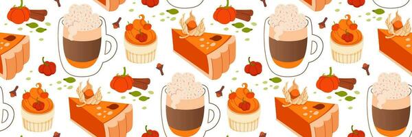 autunno zucca Spezia senza soluzione di continuità modello. delizioso inverno pasticcini su bianca sfondo. autunno cibo e bevande. collezione di gustoso dolce dolci. per tessuto Stampa sfondo. vettore piatto illustrazione.