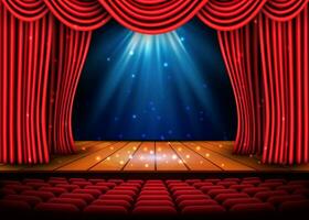 un' Teatro palcoscenico con un' rosso tenda e un' riflettore e di legno pavimento. Festival notte mostrare manifesto. vettore