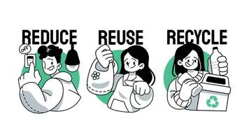 ridurre, riutilizzare, riciclare 3r concetto simbolo con persone vettore illustrazione