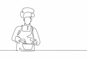 singolo disegno a tratteggio del giovane chef maschio bello che mescola la zuppa in padella per mescolare il condimento. sano cibo vegano biologico modello moderno una linea disegnata a mano illustrazione vettoriale stile minimalista