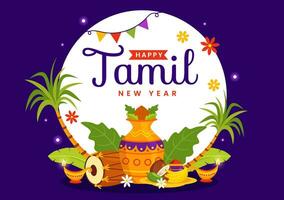 contento tamil nuovo anno vettore illustrazione con vishu fiori, noce di cocco, candela, pentole e indiano indù Festival nel piatto cartone animato sfondo design
