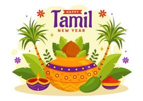 contento tamil nuovo anno vettore illustrazione con vishu fiori, noce di cocco, candela, pentole e indiano indù Festival nel piatto cartone animato sfondo design