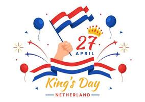 contento re Olanda giorno vettore illustrazione su 27 aprile con agitando bandiere e nastro nel re celebrazione piatto cartone animato sfondo design