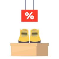 scarpa scatola con calzature. elegante moderno stivali su scatola, lato Visualizza. il prezzo etichetta con sconto per cento cartello. scarpe vendita nel negozio. vettore illustrazione.