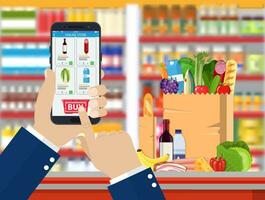 mano Tenere smartphone con shopping app. vettore