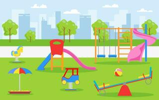 bambini terreno di gioco nel estate parco, giardino o Giardino dietro la casa con diapositiva, sandbox e oscillazione. bambini terreno di gioco. vettore
