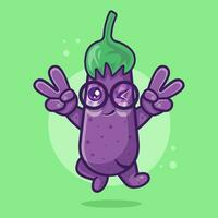 freddo melanzana verdura personaggio portafortuna con pace cartello mano gesto isolato cartone animato nel piatto stile design vettore
