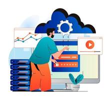 concetto di cloud computing in moderno design piatto. L'utente man ottiene l'accesso al cloud storage e carica i suoi contenuti sul server. infrastruttura del data center, servizio e supporto tecnico. illustrazione vettoriale