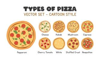 diverso tipi di Pizza vettore impostare. peperoni, formaggio, kebab, fungo, caprese, bianca, ciliegia pomodoro, napoletano Pizza clipart cartone animato stile piatto vettore design. Esplorare il saporito varietà