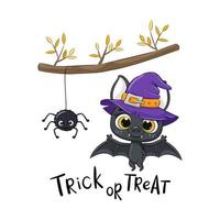simpatico pipistrello con ragno sotto il ramo. carta di halloween felice. illustrazione vettoriale. vettore