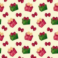 senza soluzione di continuità modello con rosso e verde regalo scatola spirito fiocchi su rosa sfondo. sfondo illustrazione con Natale, nuovo anno, compleanno regali vettore