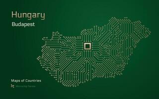 Ungheria carta geografica con un' capitale di budapest mostrato nel un' microchip modello con processore. e-governo. mondo paesi vettore mappe. microchip serie