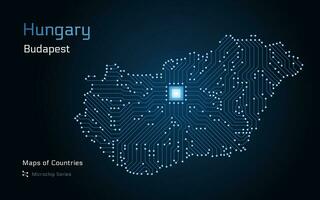 Ungheria carta geografica con un' capitale di budapest mostrato nel un' microchip modello con processore. e-governo. mondo paesi vettore mappe. microchip serie