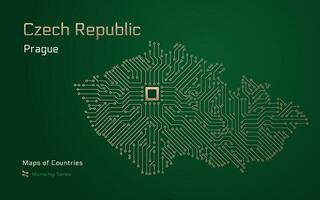 ceco repubblica carta geografica con un' capitale di praga mostrato nel un' microchip modello con processore. e-governo. mondo paesi vettore mappe. microchip serie