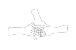 persone mani mettere loro mani insieme - uno linea disegno vettore. concetto lavoro di squadra, amichevole squadra, unità, unità, interesse gruppo, Comunità vettore