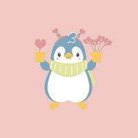 carino e bello pinguino Tenere cuore forma pianta, contento san valentino giorno, compleanno, amore concetto, piatto vettore illustrazione cartone animato personaggio costume design