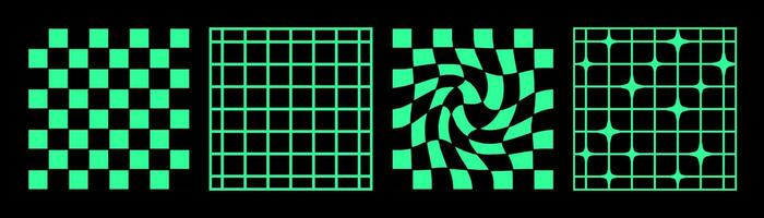 impostato di acido astratto y2k estetica sfondi con griglie, scacchiere, lampeggia e distorsioni. vettore decorativo arte.