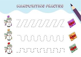 pratica della scrittura a mano per bambini in età prescolare. tracciando linee con pupazzo di neve colorato di Natale e confezione regalo. vettore