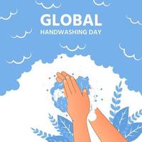 giornata mondiale del lavaggio delle mani piena di bolle di sapone e fiori in giro vettore