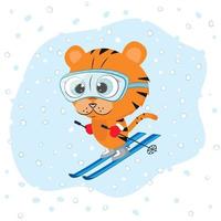 personaggio tigre cavalca con gli sci. illustrazione vettoriale di cartone animato piatto.