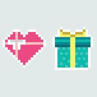 pixel arte cuore e regalo vettore illustrazione