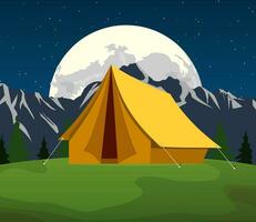 turista tenda sotto il Luna e stelle vettore