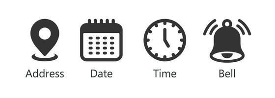 posto, volta, Data e notifica linea icone. calendario, indirizzo Posizione pointer e allarme campana. Avviso mettere in guardia, attività commerciale programma e ufficio tempo orologio. Posizione posto, Data promemoria. vettore