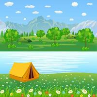 tenda campeggio turista foresta montagna spedizione vettore