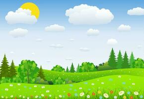 verde paesaggio con alberi nuvole fiori vettore