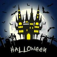 Halloween illustrazione con castello, tomba e pipistrelli vettore