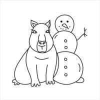vettore linea illustrazione di un' divertente capibara con pupazzo di neve.