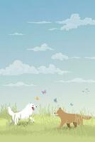 tutti e due di cani giocando insieme su erba campo nel primavera stagione piatto design vettore illustrazione. cane scatenato nel cane parco.