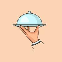 vettore illustrazione di mano Tenere provare cibo con coperchio Cameriere ristorante logo cartone animato