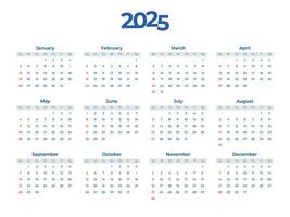 2025 calendario vettore modello. settimana inizia su Domenica
