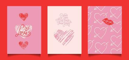 impostato di romantico stampe con pastello disegno stile cuori su un' leggero rosa e bianca sfondo. freddo San Valentino S giorno minimalista carte. semplice vettore mano disegnato illustrazioni con amore simboli