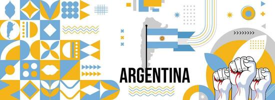 argentina nazionale o indipendenza giorno bandiera per nazione celebrazione. bandiera e carta geografica di argentina con sollevato pugni. moderno retrò design con typorgaphy astratto geometrico icone. vettore illustrazione