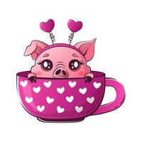 kawaii maiale sembra su di un' tazza con cuori. carino animali per San Valentino giorno. vettore