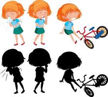 personaggio dei cartoni animati di una ragazza che fa diverse attività con silhouette vettore