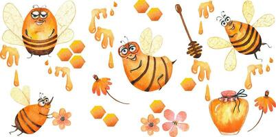 collezione di 15 elementi di api con Miele. acquerello vettore