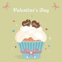 contento San Valentino giorno carta. gustoso Cupcake con vaniglia glassa. dolce focaccina con succulento burro crema, cuore sagomato cioccolatini. festivo bandiera con saluto testo, archi, nastro. vettore illustrazione