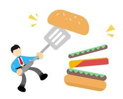 uomo d'affari cucinando e mangiare hamburger veloce cibo cartone animato scarabocchio piatto design stile vettore illustrazione
