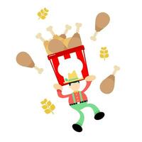contadino uomo agricoltura e pollo bacchetta del tamburo secchio scatola merenda cartone animato scarabocchio piatto design stile vettore illustrazione