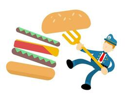 contento marinaio Capitano Marina Militare e mangiare hamburger veloce cibo cartone animato scarabocchio piatto design stile vettore illustrazione