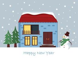 casa di neve sulla cartolina di Natale. paesaggio invernale con fiocchi di neve, pupazzo di neve e abeti su sfondo blu. biglietto di auguri di felice anno nuovo vettore