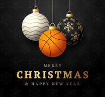 basket buon natale e felice anno nuovo biglietto di auguri di sport di lusso. palla da basket come una palla di Natale sullo sfondo. illustrazione vettoriale. vettore